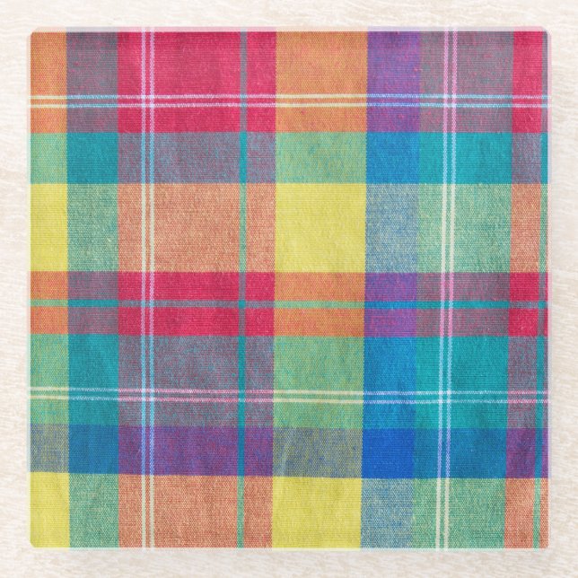Colorful fabric plaid, cloth texture. glass coaster (Front)