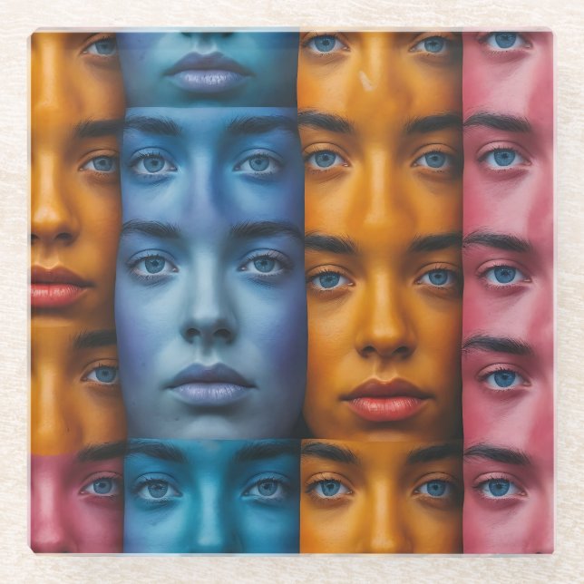 Colorful Faces Pattern Glass Coaster (Front)