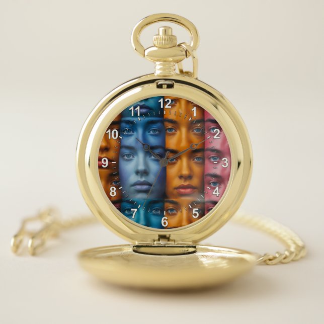 Colorful Faces Pattern Pocket Watch (Inside)