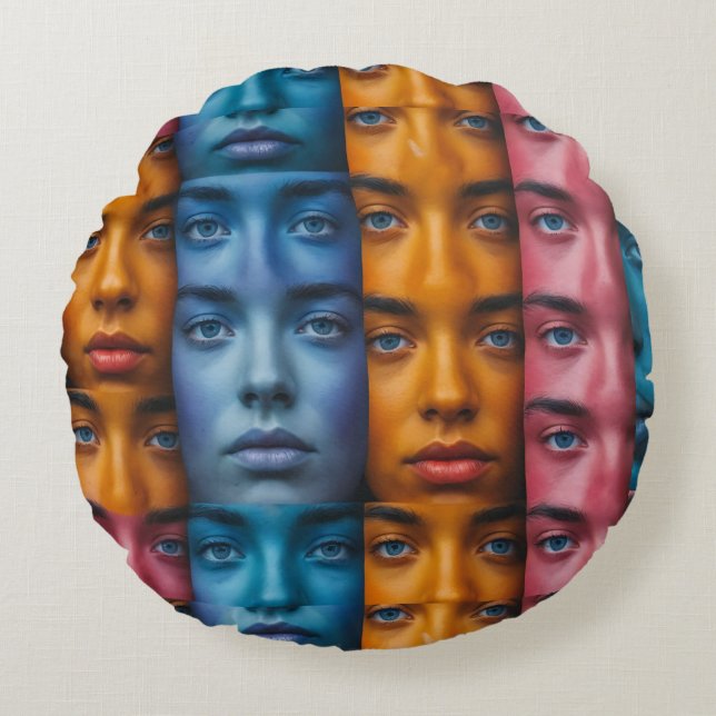 Colorful Faces Pattern Round Pillow (Front)