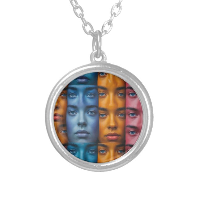 Colorful Faces Pattern Silver Plated Necklace (Front)