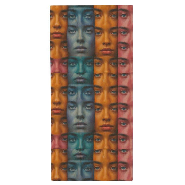 Colorful Faces Pattern Wood Flash Drive (Front Vertical)