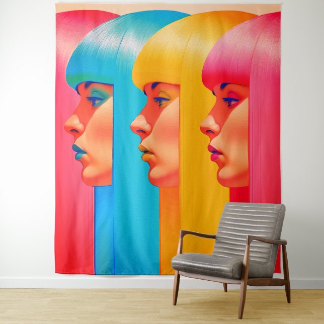 Colorful Faces Vibrant Multicolor Side Profiles Tapestry (In Situ)