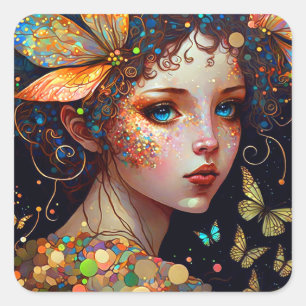 Colorful Fairy Butterflies Fantasy Art Square Sticker