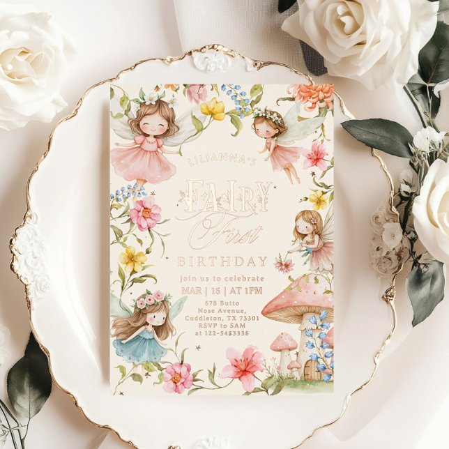 Colorful Fairy First Birthday Enchanted garden Foil Invitation (Creator Uploaded)