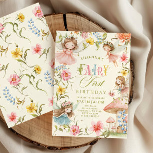 Colorful Fairy First Birthday Enchanted garden Invitation