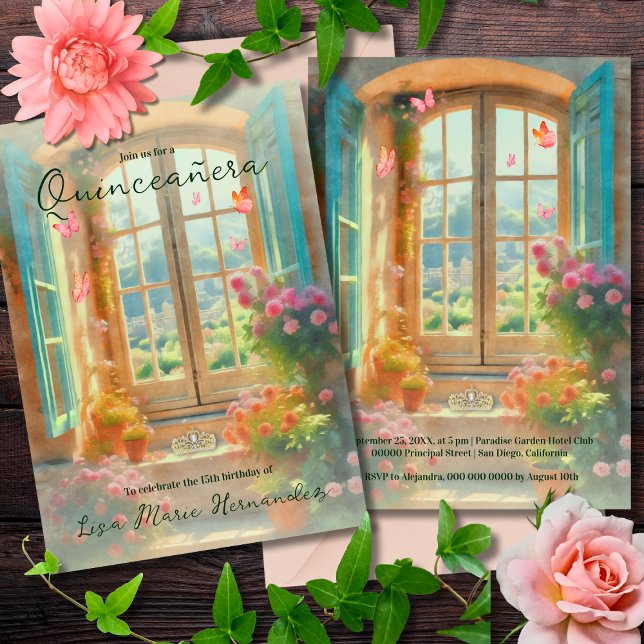 Colorful Fairytale Garden Window Quinceañera  Invitation (Creator Uploaded)
