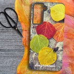 Colorful Fall Aspen Leaves Photo Personalized  Samsung Galaxy S21 Case<br><div class="desc">This design features a photograph of colorful fall Aspen leaves on stone with and template text. Personalize or remove the template text or click customize to select a font style, size and color you prefer. You can also add this design to other phone case brands or one of the other...</div>