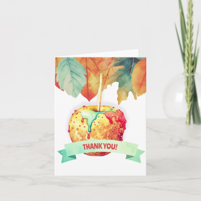 Colorful Fall Autumn Candied Apple Party Thank You Card (Front)