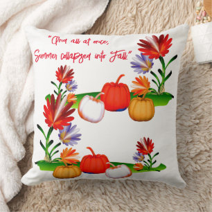 Colorful Fall Autumn Green Foliage Pumpkin Floral  Throw Pillow