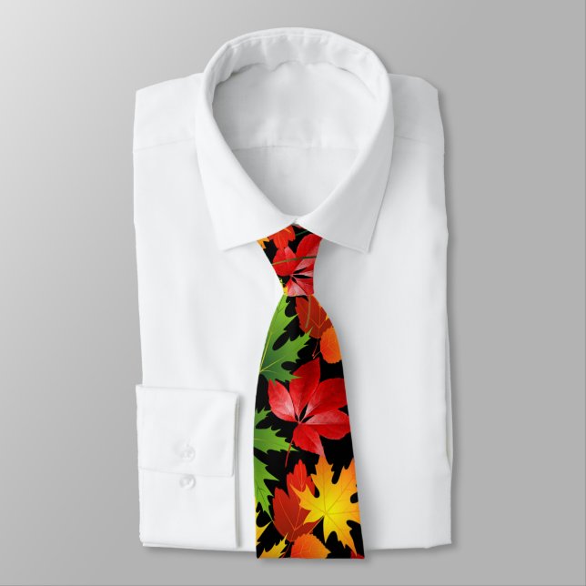 COLORFUL FALL AUTUMN MAPLE LEAF ABSTRACT PATTERN NECK TIE (Tied)