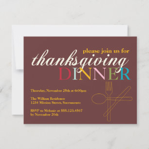 Colorful fall brown Thanksgiving dinner fork knife Invitation