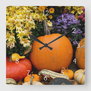 Colorful fall decorative pumpkin display square wall clock