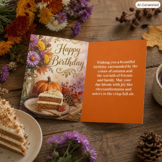 Colorful Fall Floral & Birthday Cake Greeting Card