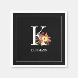 Colorful Fall Floral Monogram Black & White Paper Napkins