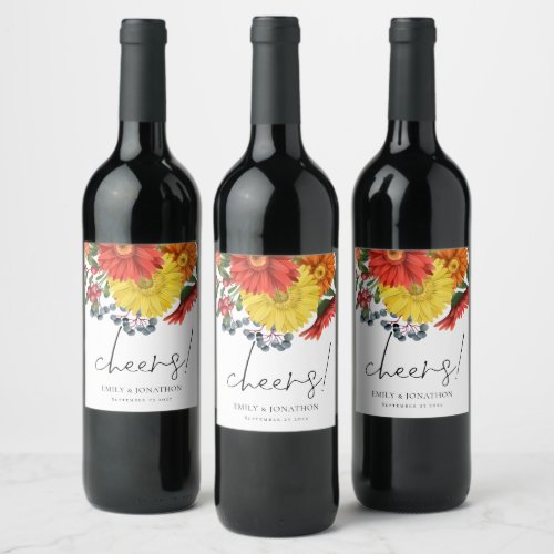 Colorful Fall Florals Cheers Names Wedding Wine Label
