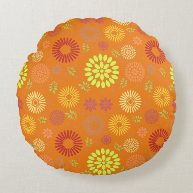 Colorful Fall Flowers in Warm Shades Round Pillow (Front)