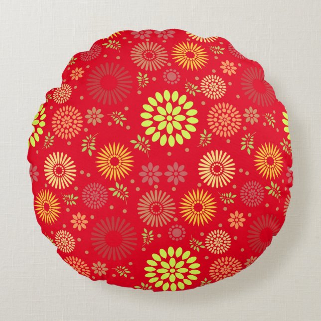 Colorful Fall Flowers in Warm Shades Round Pillow (Front)