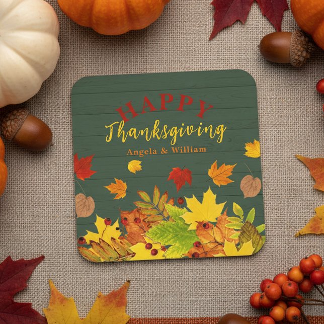 Colorful Fall Foliage Red Berries Thanksgiving Square Paper Coaster (Creator Uploaded)