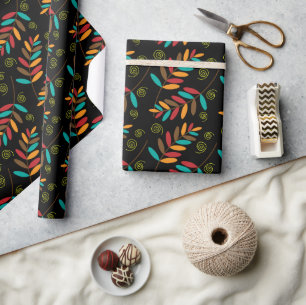 Colorful Fall Leaf Pattern on Black Wrapping Paper