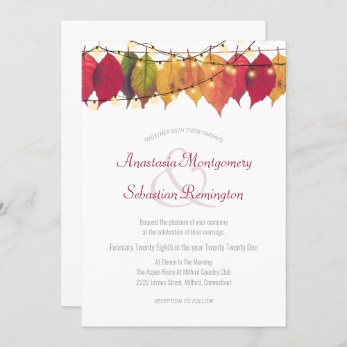 Colorful Fall Leaf String Lights Wedding Ceremony Invitation