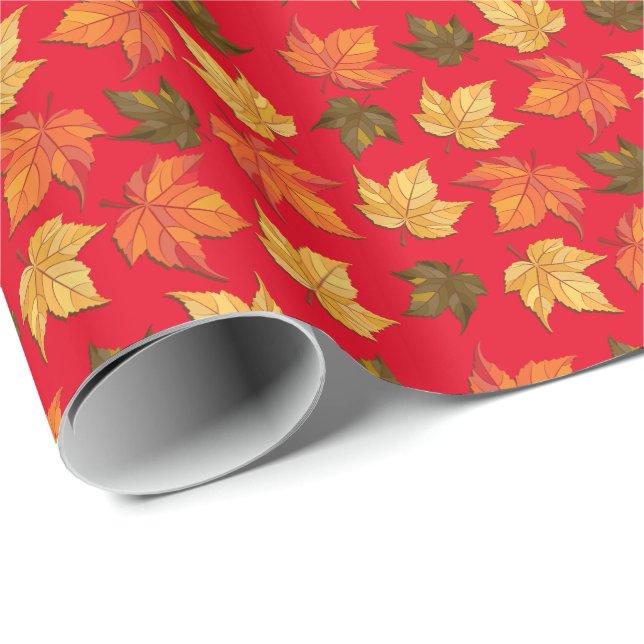 Colorful Fall Leafs On Red Background Wrapping Paper (Roll Corner)