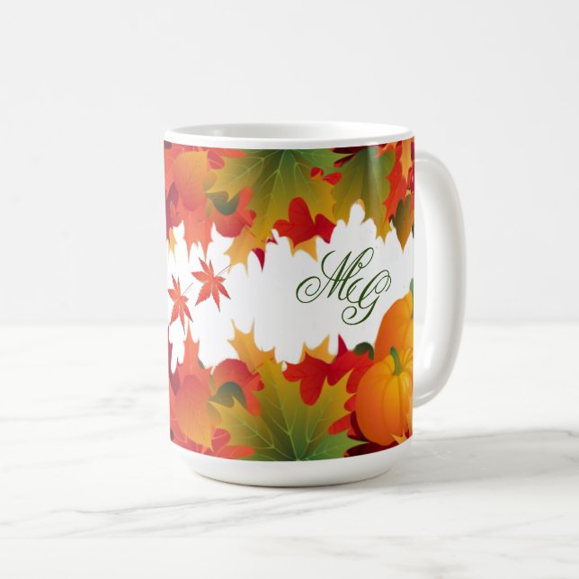 colorful Fall Leaves and Pumpkins Monogram Coffee Mug (Front Right)