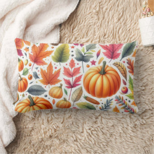 Colorful Fall Leaves and Pumpkins Seasonal Lumbar Pillow