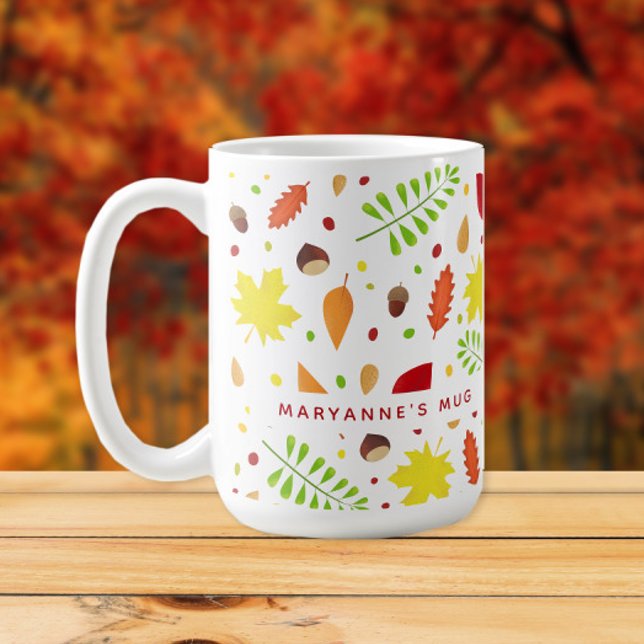 Colorful fall leaves custom name coffee mug (Personalized mug with fall leaves and nuts)