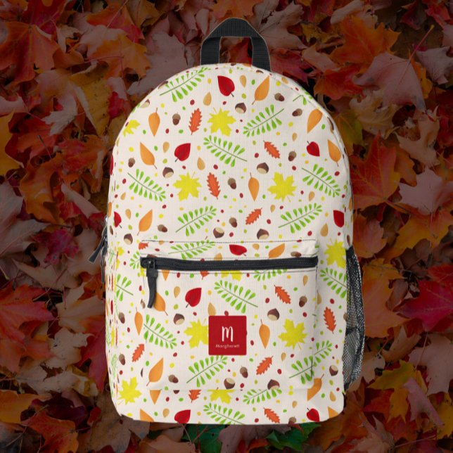 Colorful fall leaves custom name printed backpack (Colorful fall leaves custom name backpack - personalize it with your name and monogram.)