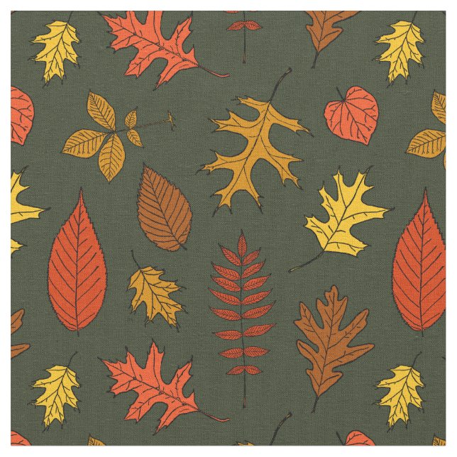 Colorful Fall Leaves Green Background Nature Theme Fabric (Close Up)