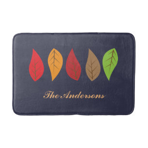 Colorful Fall Leaves on Dark Blue, Personalized Bathroom Mat