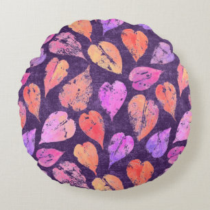 Colorful Fall Leaves On Purple Pattern Round Pillow
