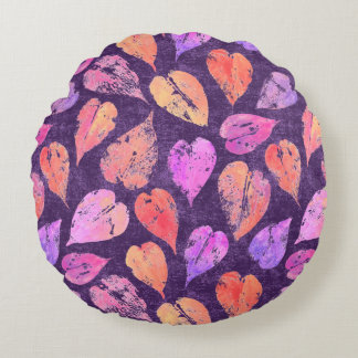 Colorful Fall Leaves On Purple Pattern Round Pillow