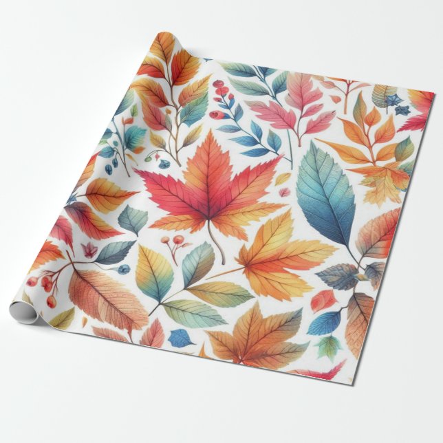 Colorful Fall Leaves Pattern  Wrapping Paper (Unrolled)