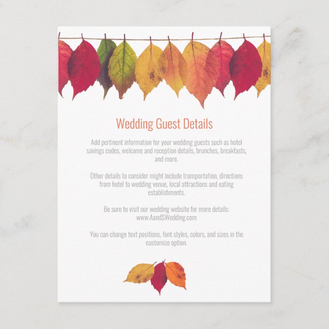 Colorful Fall Leaves Wedding Guest Details Enclosure Card (Front)
