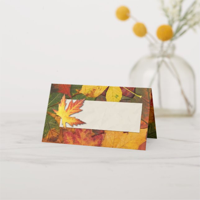 Colorful Fall Leaves Wedding Place Card (Front)