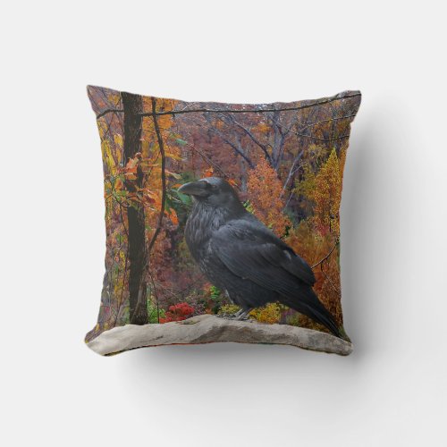 Colorful Fall Season Landscape with Raven Bird  Throw Pillow
