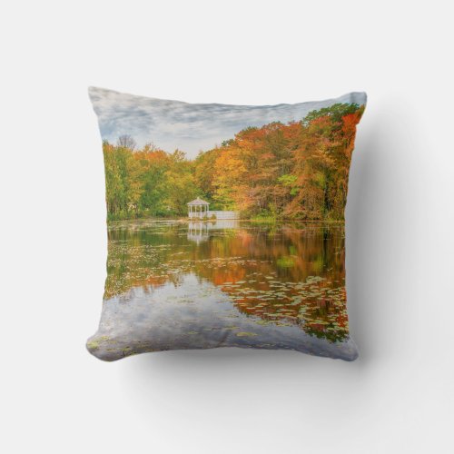 Colorful fall trees by a  lake throw pillow