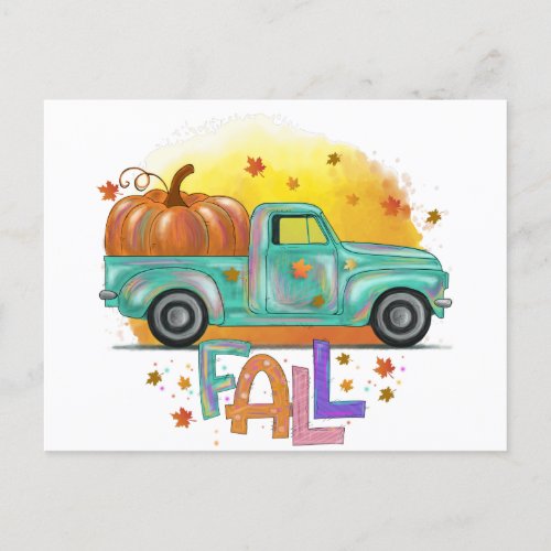 Colorful Fall Vintage Pickup Truck Postcard