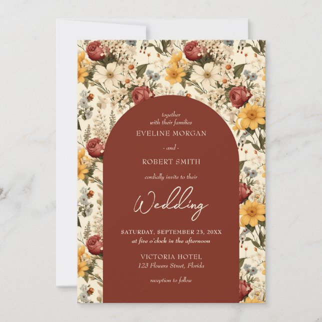 Colorful fall wild flowers terracotta yellow arch invitation (Front)