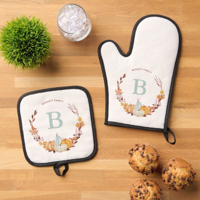 Colorful Fall Wreath Monogrammed Oven Mitt & Pot Holder Set (Top Down)