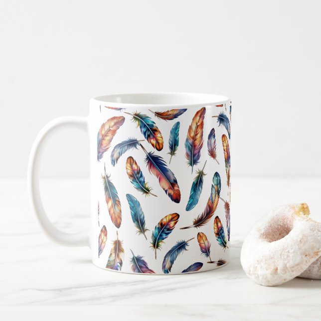 Colorful Falling Feather Art - Boho Graphic Print Coffee Mug (With Donut)