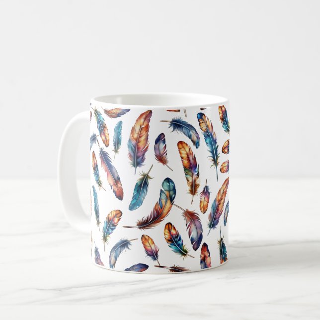 Colorful Falling Feather Art - Boho Graphic Print Coffee Mug (Front Left)
