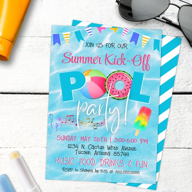 Colorful Family Friendly Summer Pool Party Invitation (Summer Pool Party Invitation with Modern script and colorful popsicles for tropical invites)