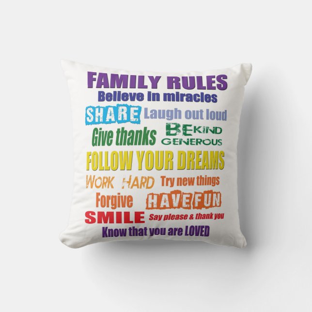 Colorful Family Rules Throw Pillow (Front)