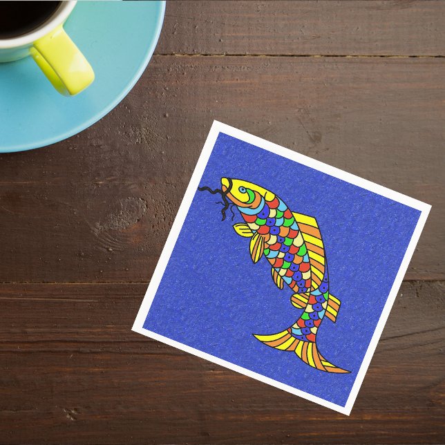 Colorful Fancy Abstract Fish Napkins (Fancy brightly coloured fantasy fish on vibrant faux sparkle blue napkins.)