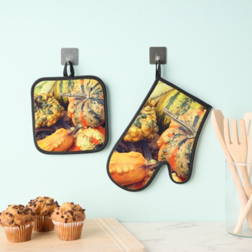 Colorful Fancy Gourds Close Up  Oven Mitt  Pot Holder Set