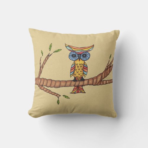 Colorful Fancy Own Circle Blue Eyes on Tree Branch Throw Pillow