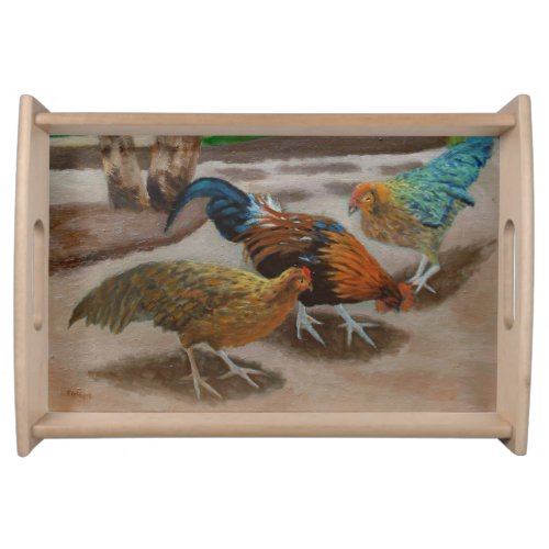 Colorful Fancy Rooster  Chickens Serving Tray